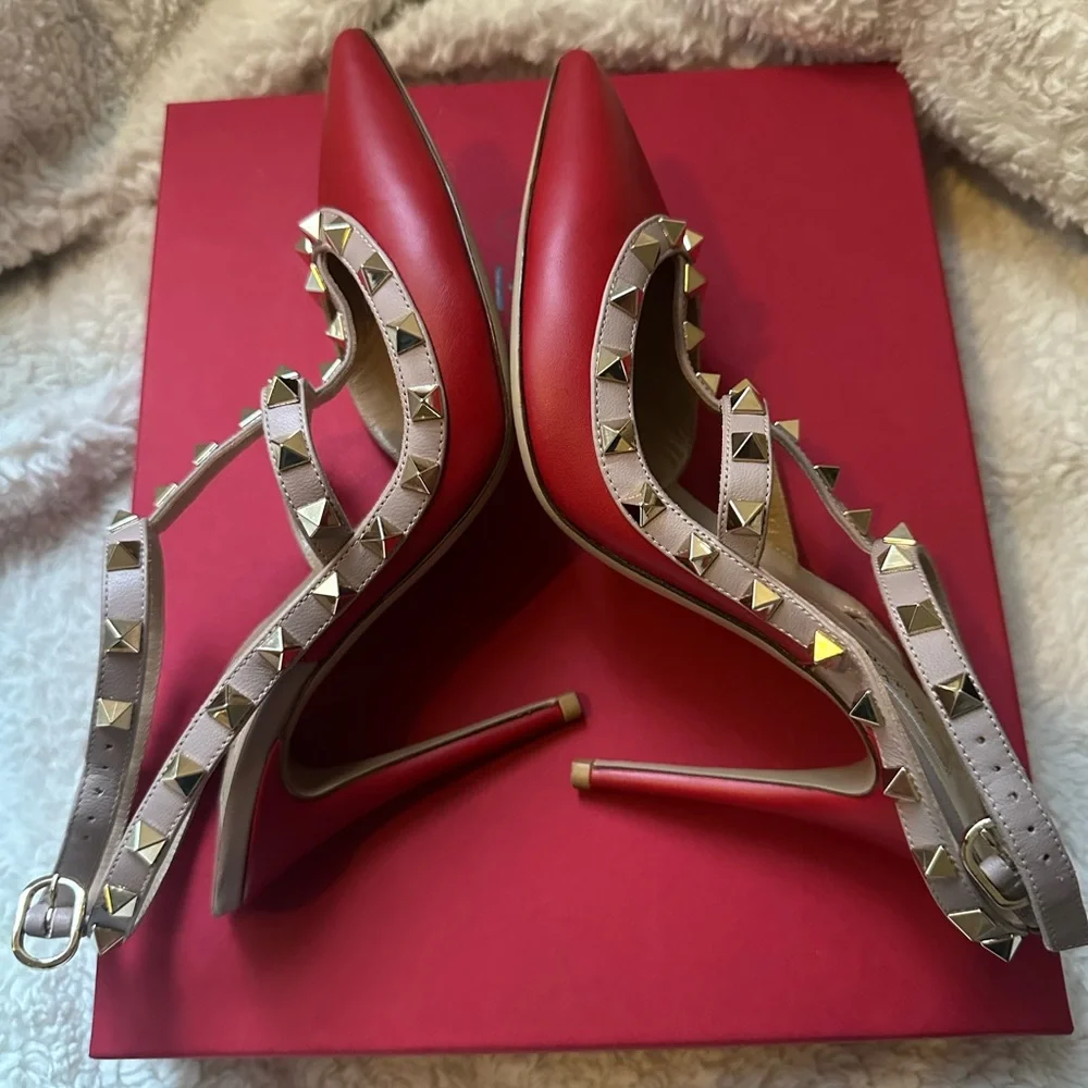 Valentino Red Pointed Rockstud Strappy Leather Pumps - Picture 3 of 6